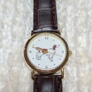 Gold Tone English Springer Spaniel Dog Watch With Brown Leather Band